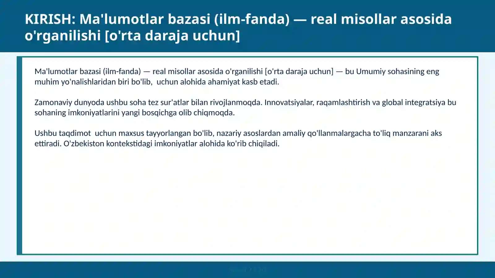 Ma'lumotlar Bazasi (Ilm-fanda) — Real Misollar Asosida O'rganilishi [O'rta daraja uchun] 2