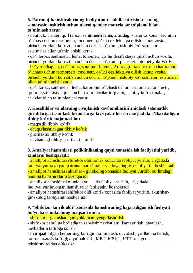 Hamshiralik ishi (patronaj hamshiralari) mutaxassisligi bo’yicha shakllantirilgan test savollari ro’yxati 2026-yil 2