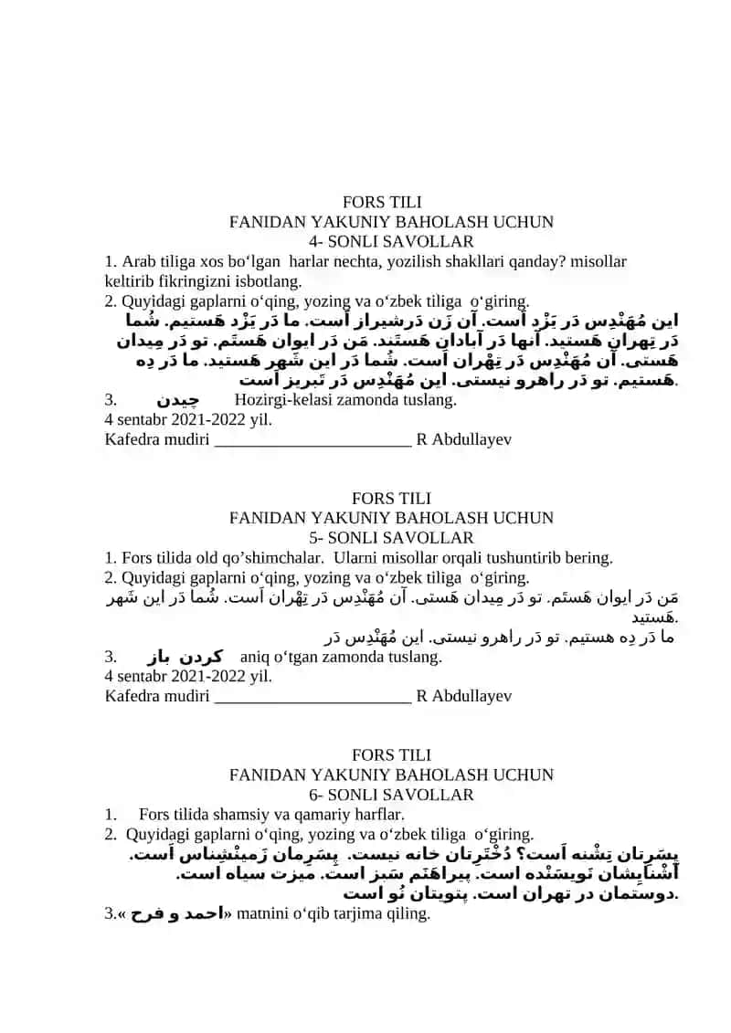 Fors Tili Fanidan Yakuniy Baholash Uchun 2