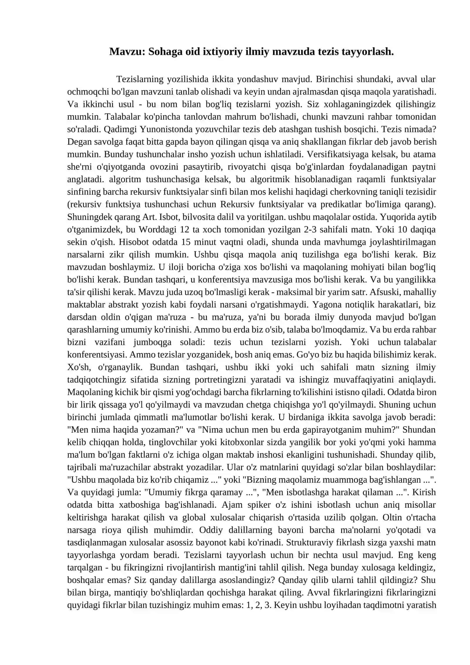 Sohaga oid ixtiyoriy ilmiy mavzuda tezis tayyorlash 2