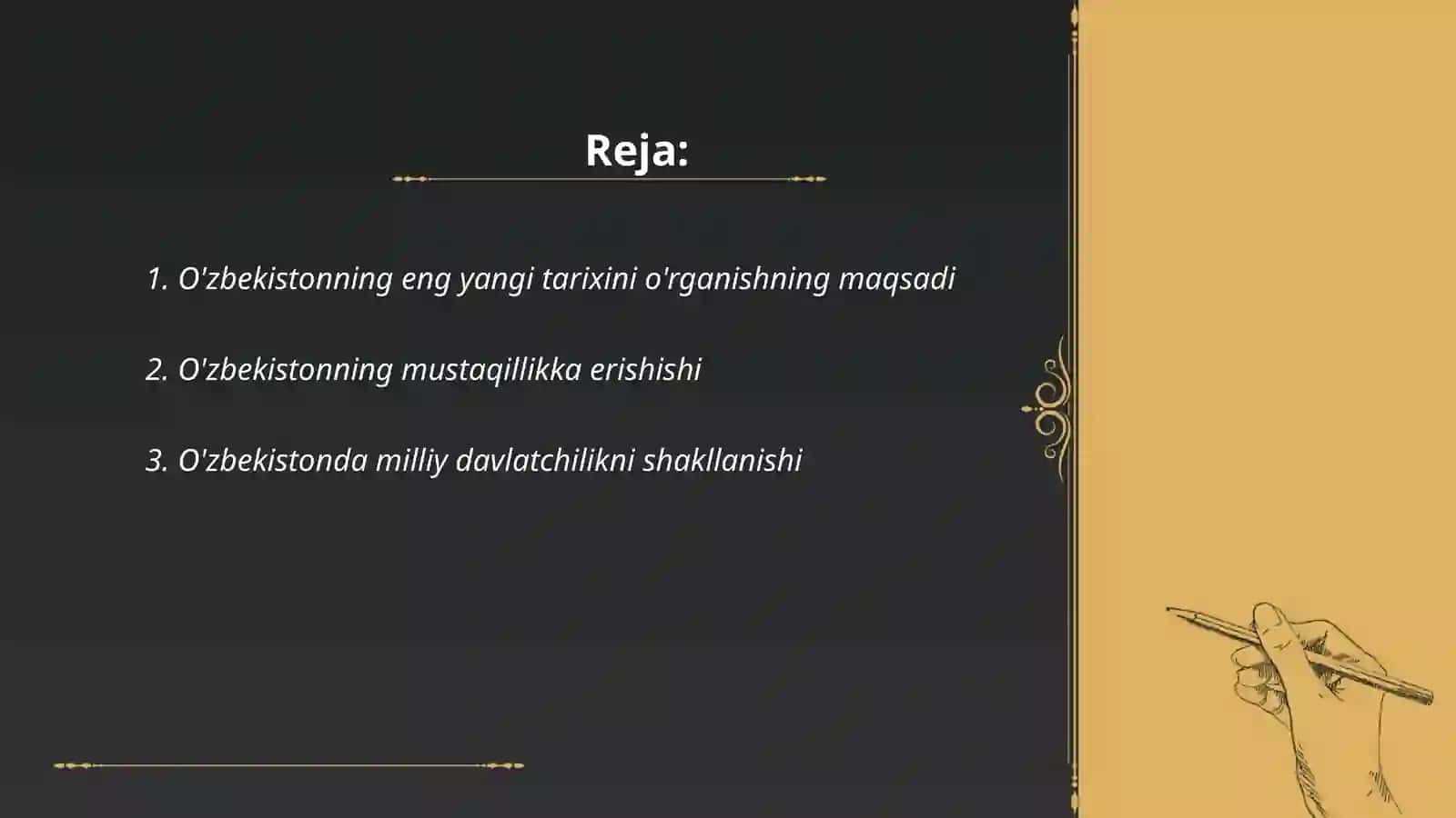 O'zbekistonning eng yangi tarixi fanining predmeti maqsadi va vazifalari Dehqonova Sitora 2