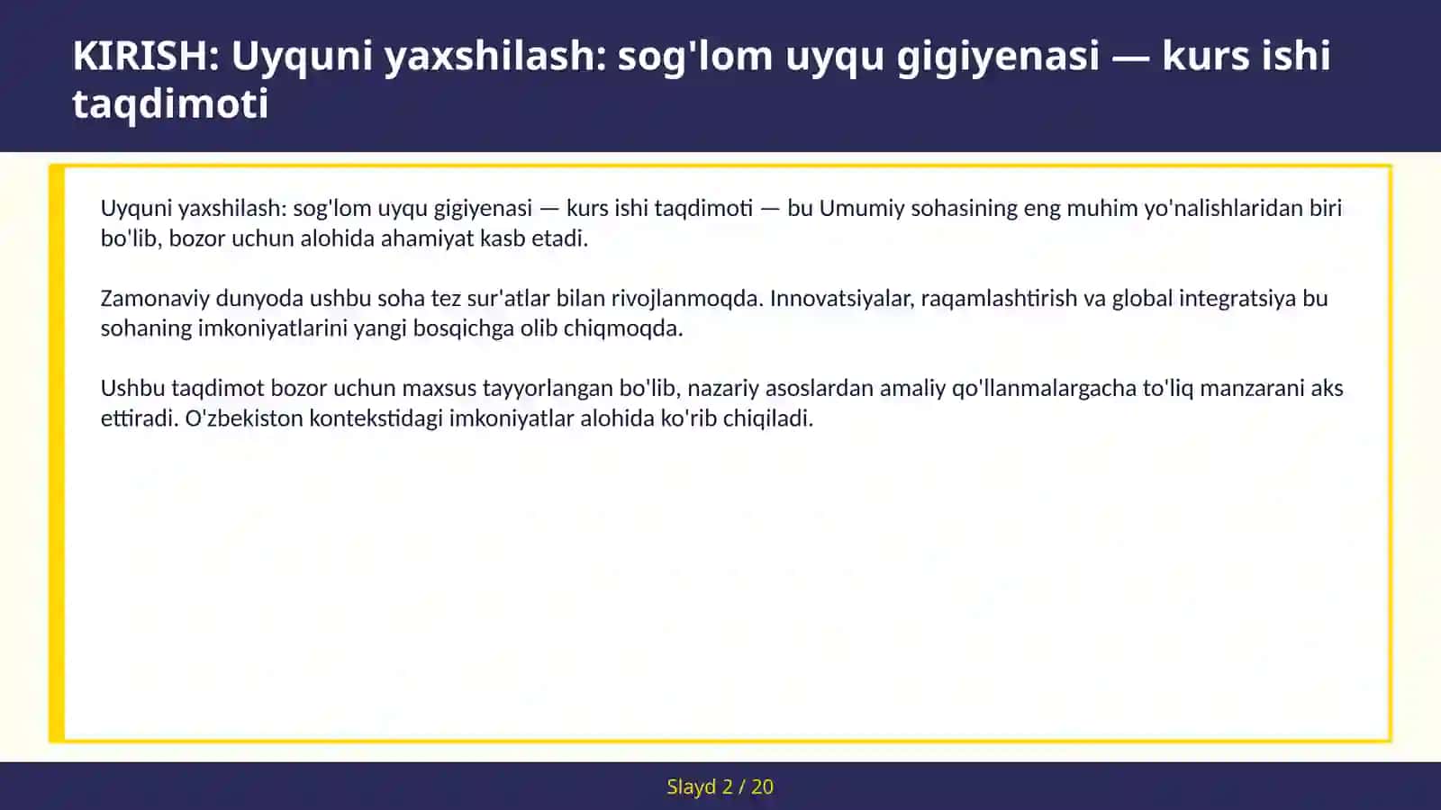 Uyquni yaxshilash: sog'lom uyqu gigiyenasi — kurs ishi taqdimoti 2