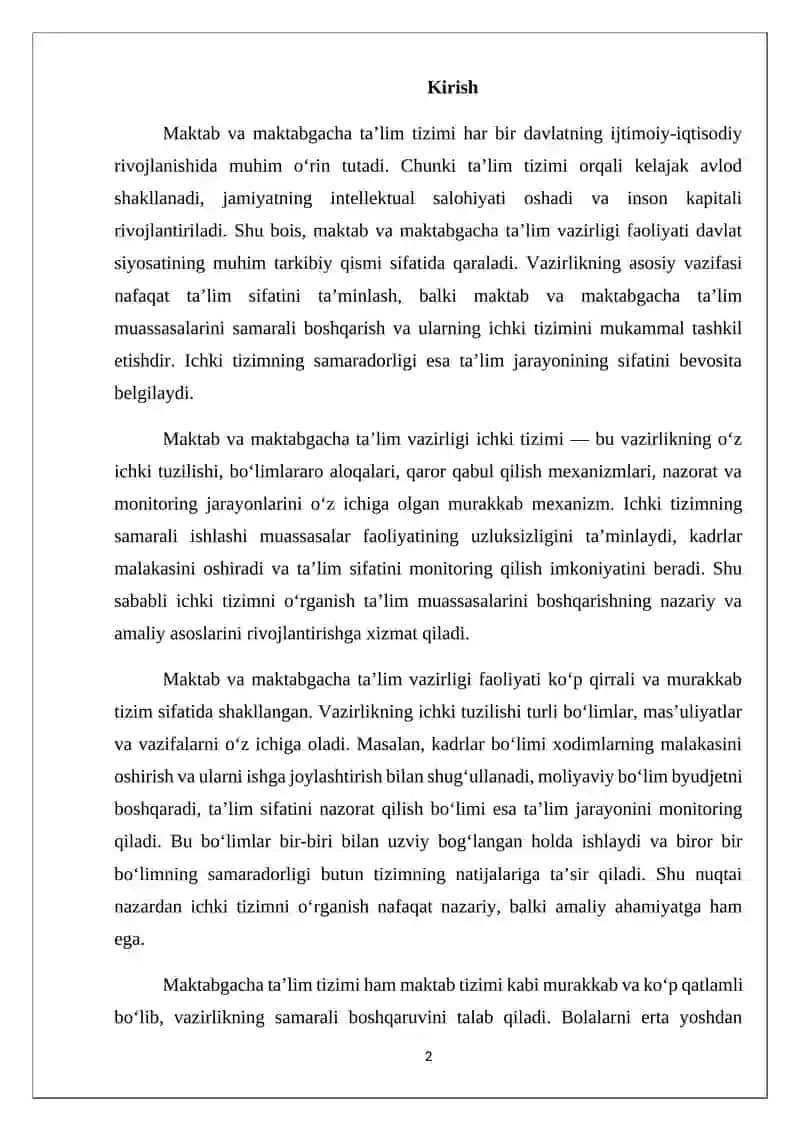 Maktab va maktabgacha ta'lim vazirligi ichki tizimini o‘rganish 2
