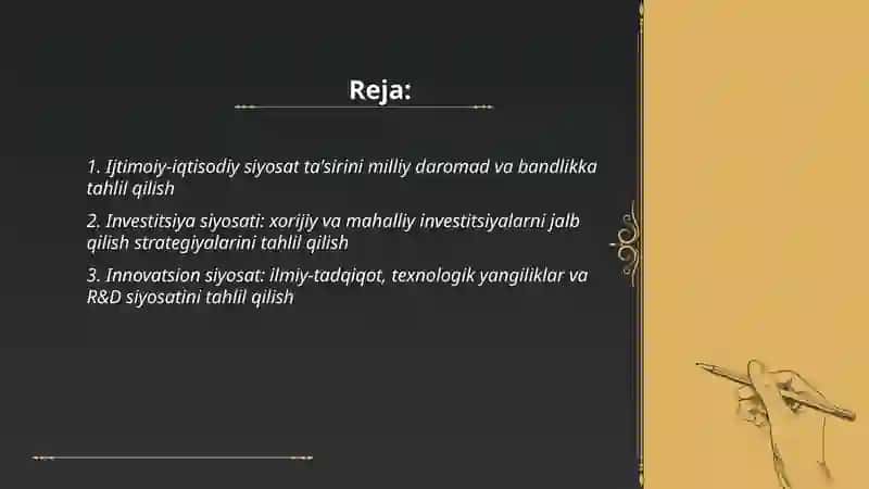 O'zbekiston Respublikasining iqtisodiy siyosati tahlilini(ijtimoiy-iqtisodiy,investitsiya,innovatsiya,agrar,logistika,ta'lim,tibbiyot,sanoat,xizmatlar sohasi bo'yicha)bajarish 2
