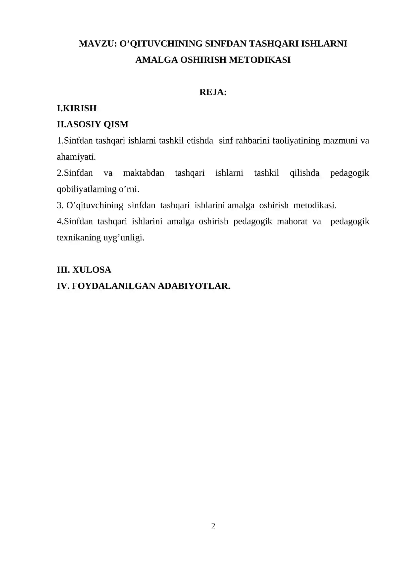 O’QITUVCHINING SINFDAN TASHQARI ISHLARNI AMALGA OSHIRISH METODIKASI 2