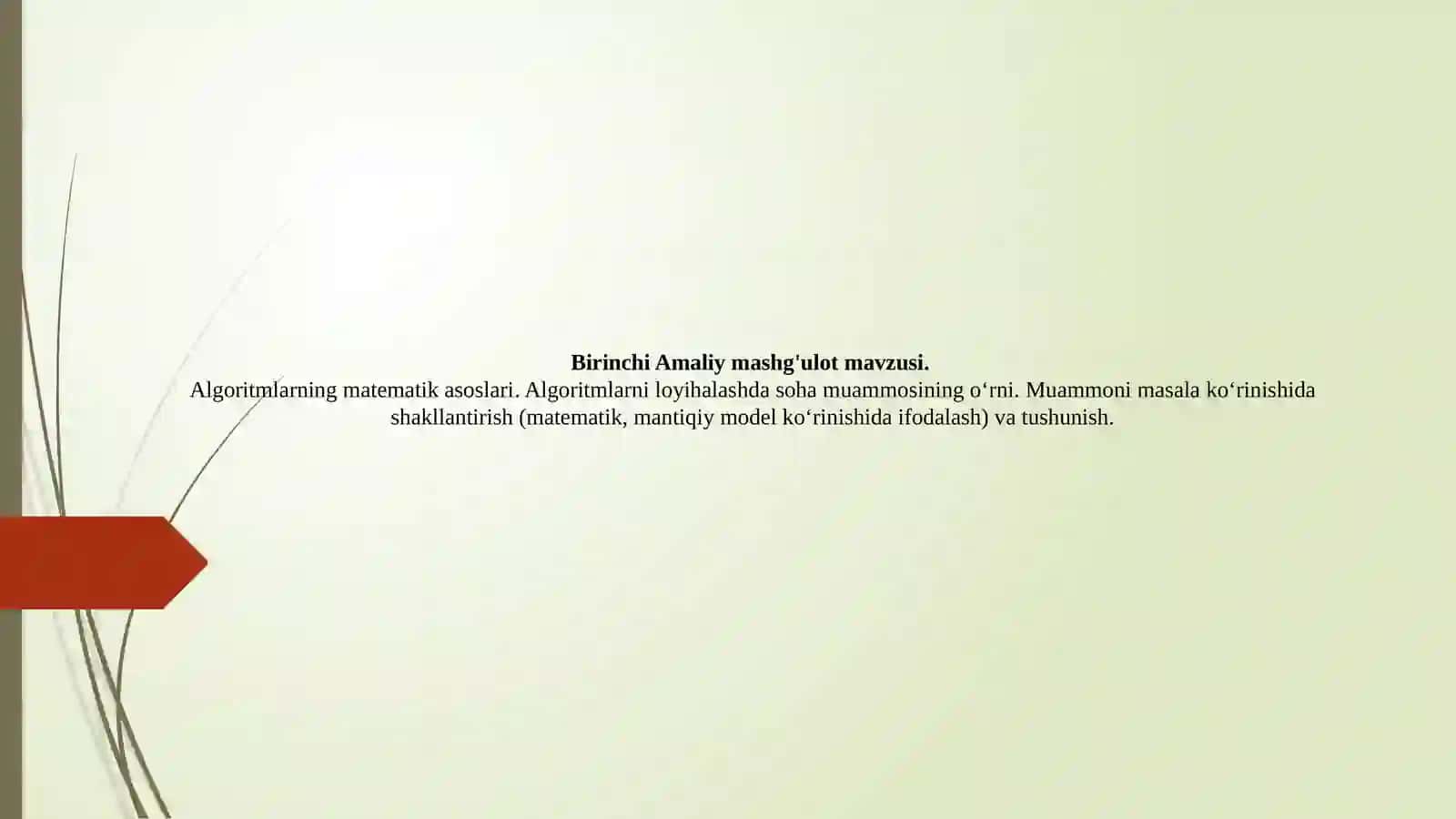 Algoritmlarning matematik asoslari. Algoritmlarni loyihalashda soha muammosining o‘rni. Muammoni masala ko‘rinishida shakllantirish (matematik, mantiqiy model ko‘rinishida ifodalash) va tushunish. 2