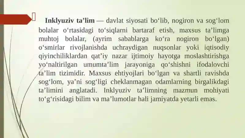 Ko‘rishidanuqsonlargaegabo‘lganbolalaruchuninklyuzivta’limstrategiyalarivaularniamalgaoshirishshart-sharoitlari 2