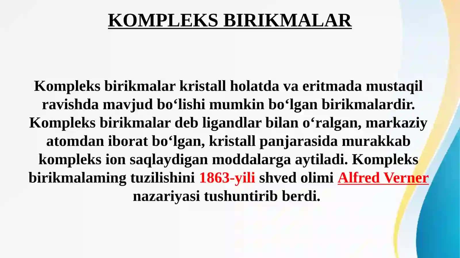 Kompleks birikmalar. Ichki kompleks birikinalar. Biokompleks birikmalar. 2
