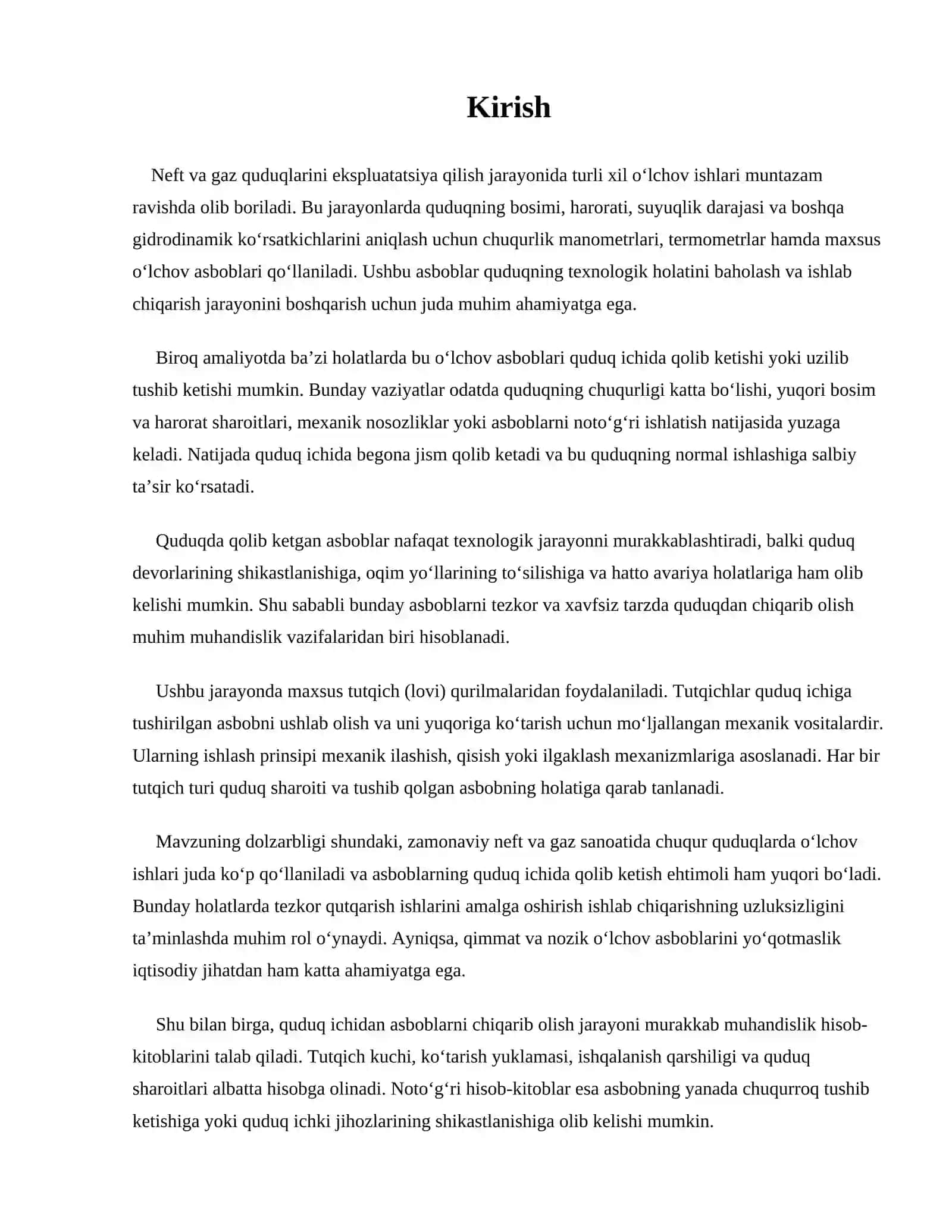 Quduqqa tushib qolgan chuqurlik manometri, termometr va boshqa o‘lchov asboblarini tutqichlar yordamida ko‘tarishni hisoblash 2