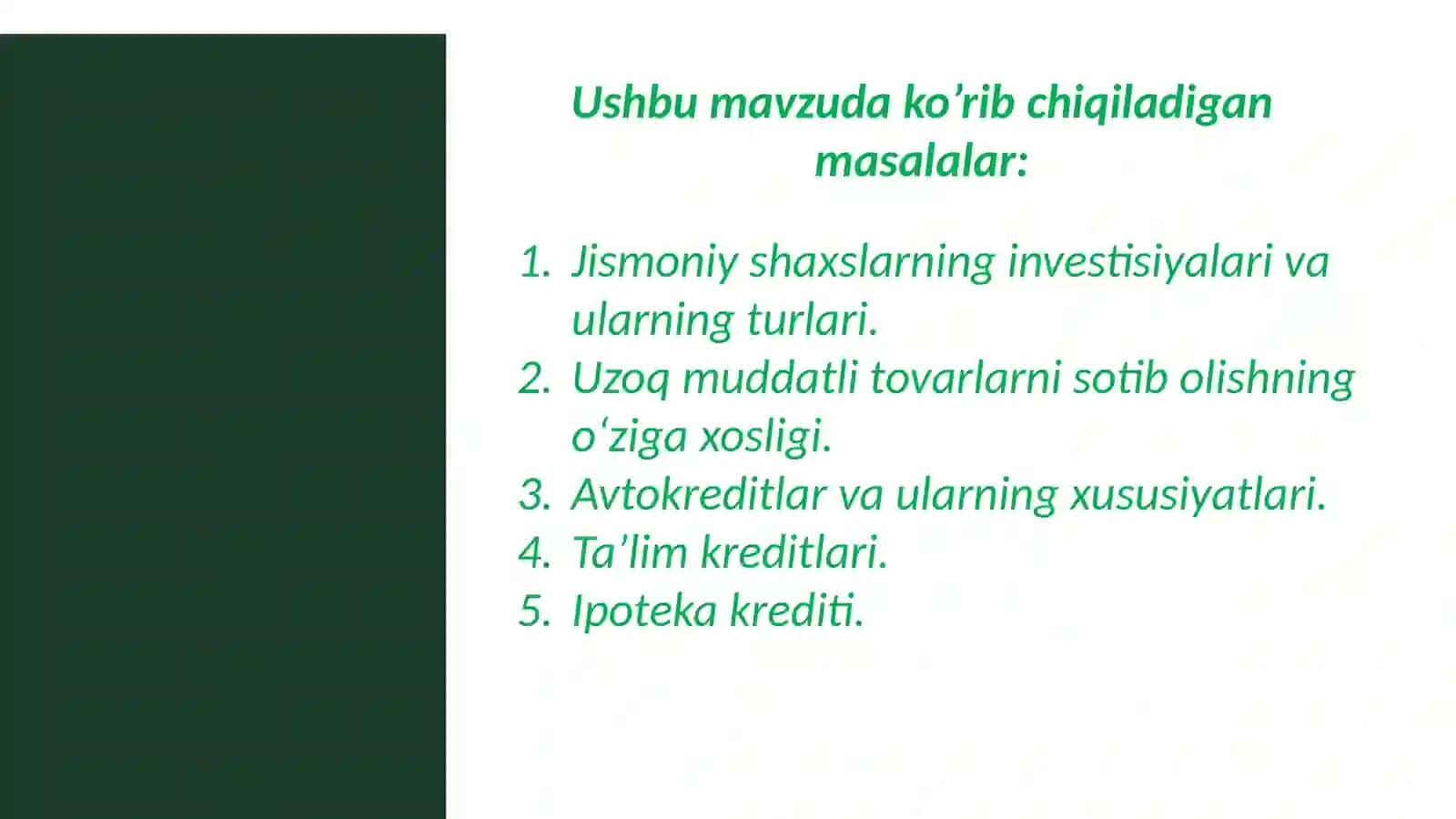 Investisiyalar, uzoq muddat foydalaniladigan tovarlar va ipoteka kreditlarni 2