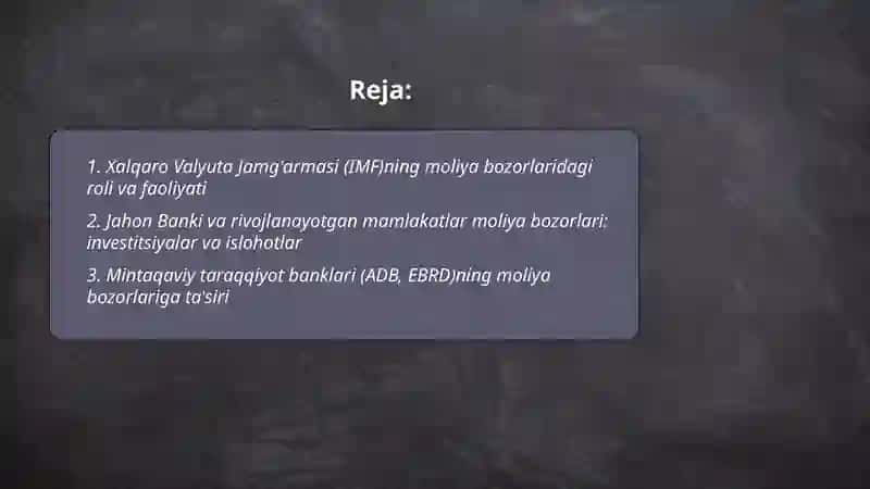 Xalqaro moliya institutlarining moliya bozorlaridagi faoliyati va roli 2