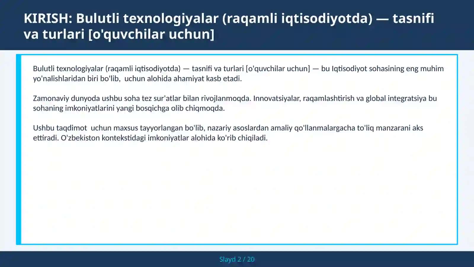 Bulutli texnologiyalar (raqamli iqtisodiyotda) — tasnifi va turlari [o'quvchilar uchun] 2