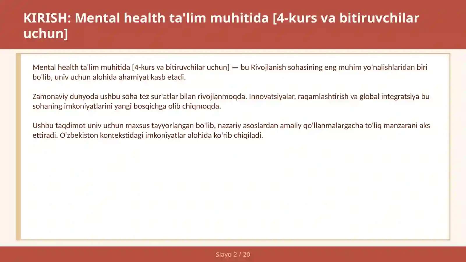 Mental health ta'lim muhitida [4-kurs va bitiruvchilar uchun] 2