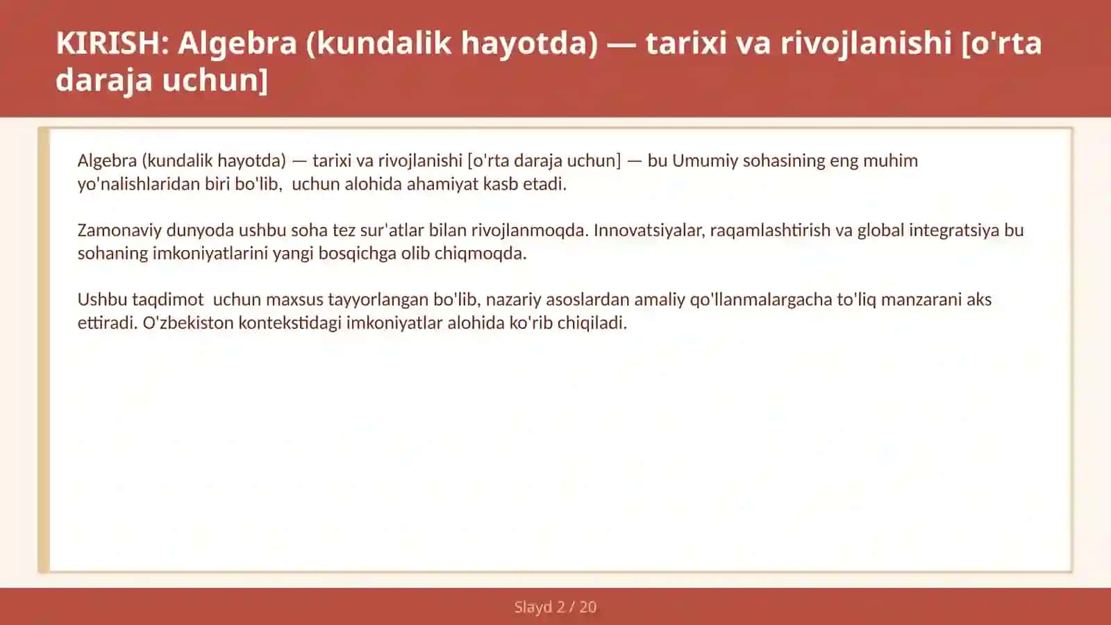 Algebra (kundalik hayotda) — tarixi va rivojlanishi [o'rta daraja uchun] 2