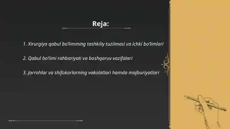 Xirurgiya qabul boʻlmi tuzulmasi vazifalari va uni ishini tashkil qilinishi 2