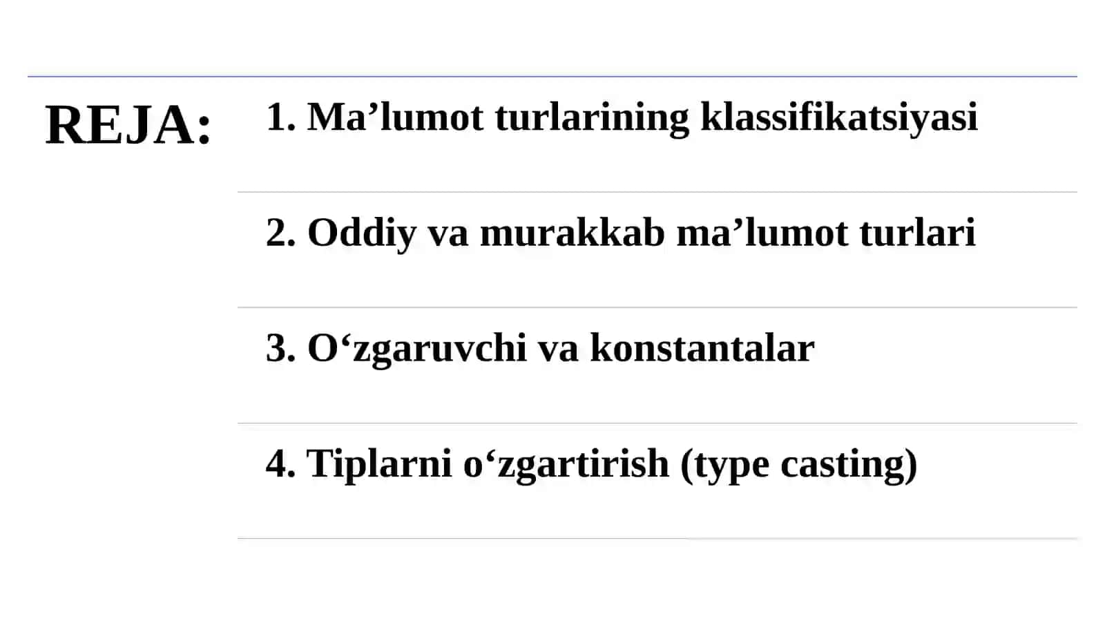 Python tilida kiritish va chiqarish operatorlari. Python tilida o‘zgaruvchilar va ma’lumot turlari. 2