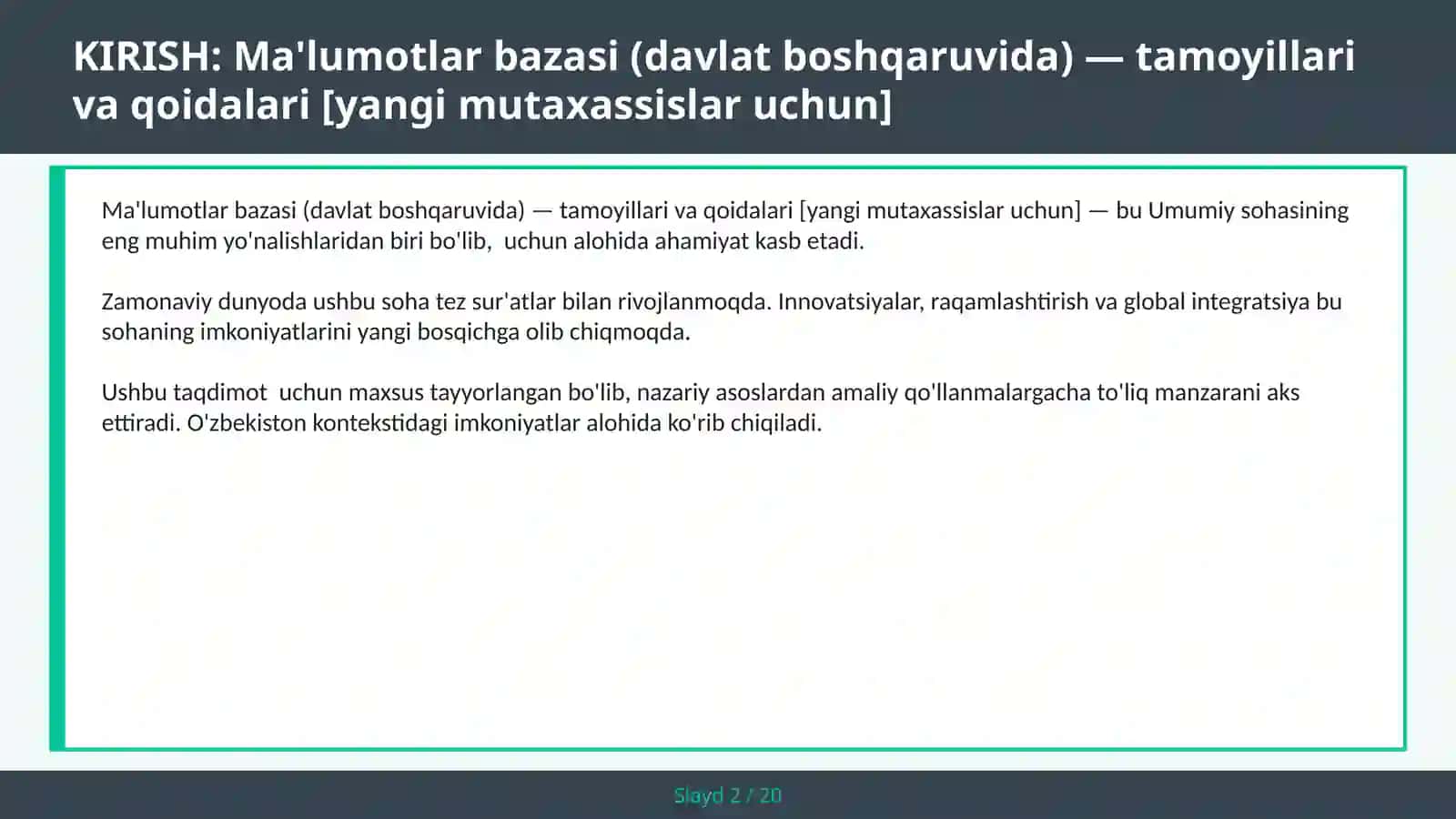 Ma'lumotlar bazasi (davlat boshqaruvida) — tamoyillari va qoidalari [yangi mutaxassislar uchun] 2