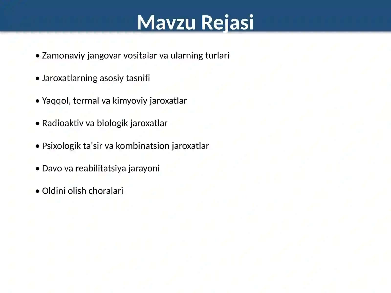 Zamonaviy sharoitlarda qo'llaniladigan jangovar jaroxatlovchi vositalardan xosil,o'lgan jaroxatlarni 2