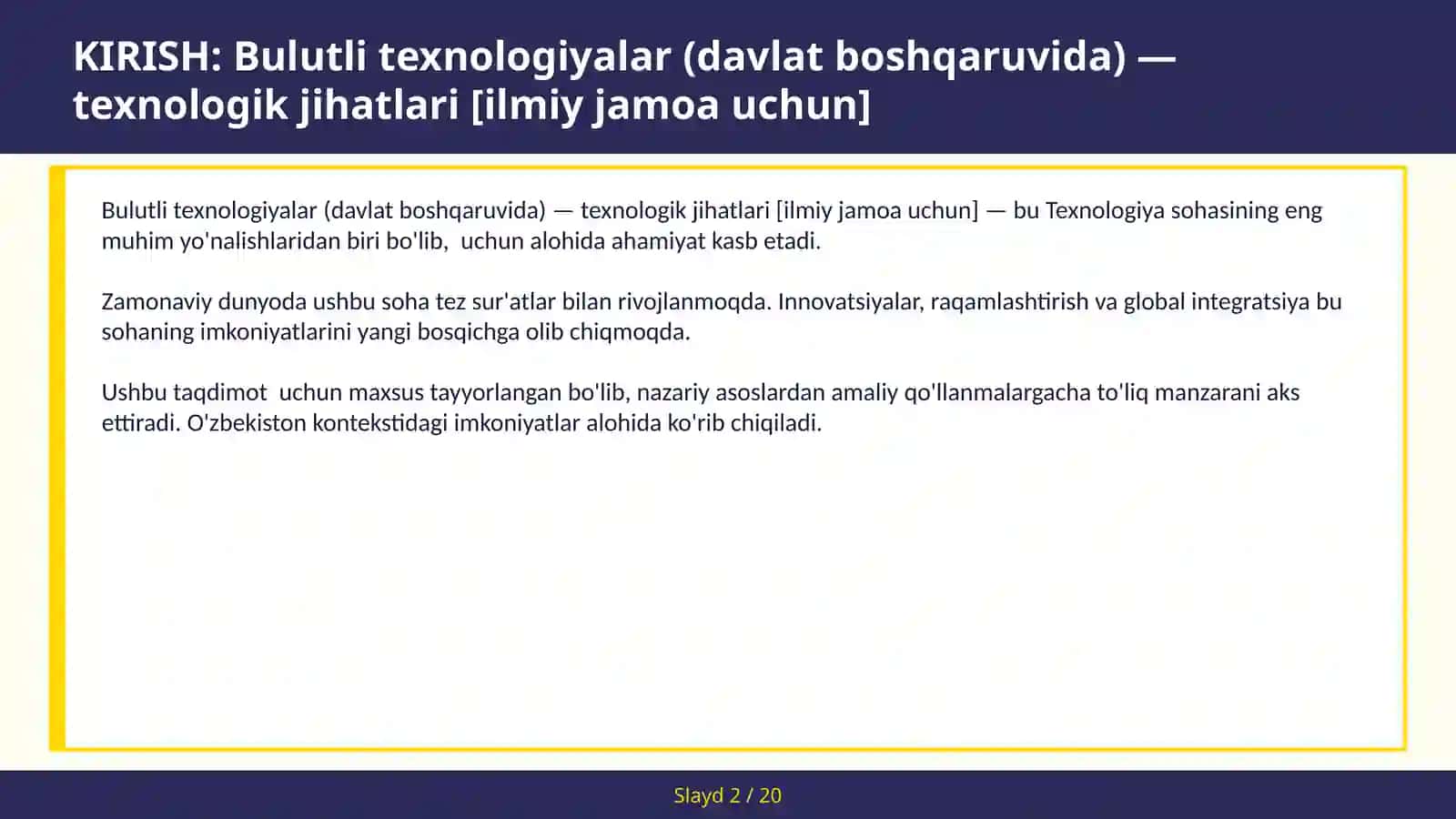 Bulutli texnologiyalar (davlat boshqaruvida) — texnologik jihatlari [ilmiy jamoa uchun] 2