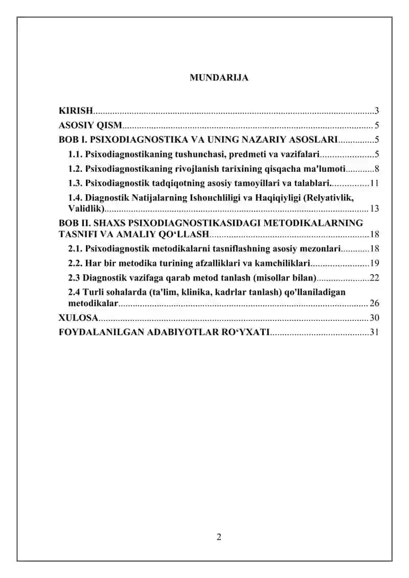 Shaxs Psixodiagnostikasida Qo'llaniladigan Metodikalar Tasnifi 2