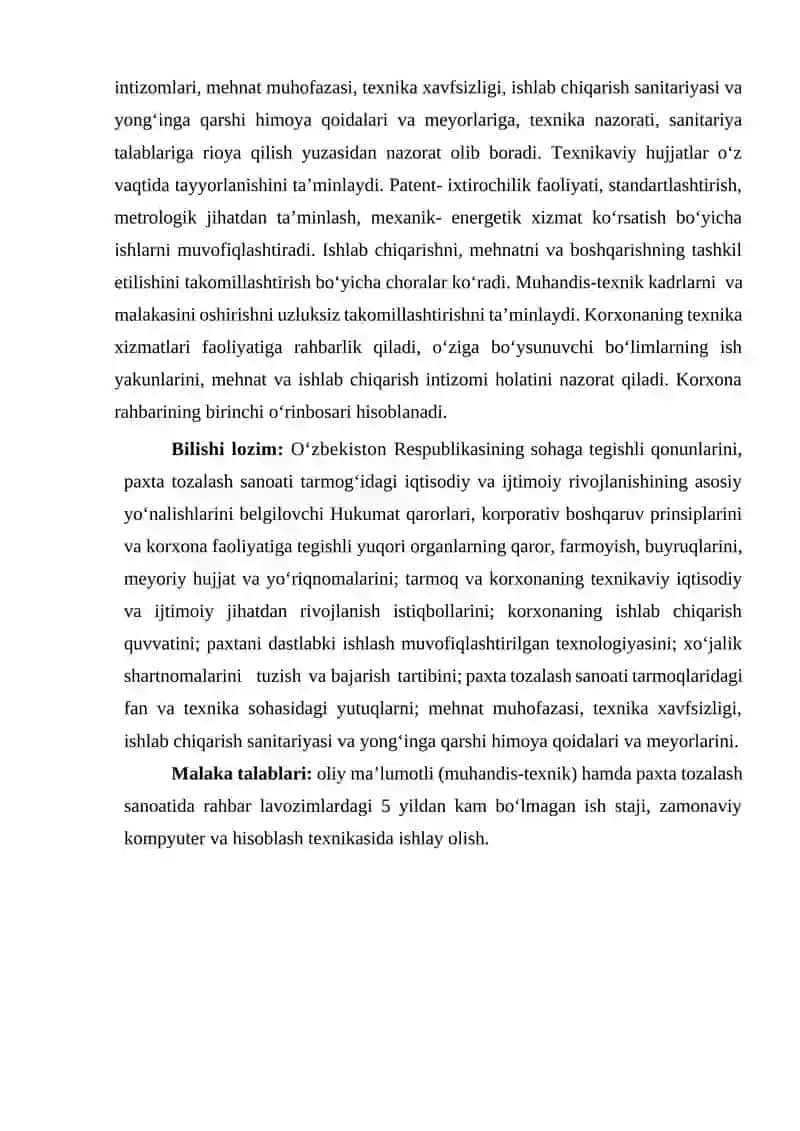ISHLAB CHIQARISH BО‘YICHA DIREKTOR (BOSH MUHANDIS) MALAKA TAVSIFI 2
