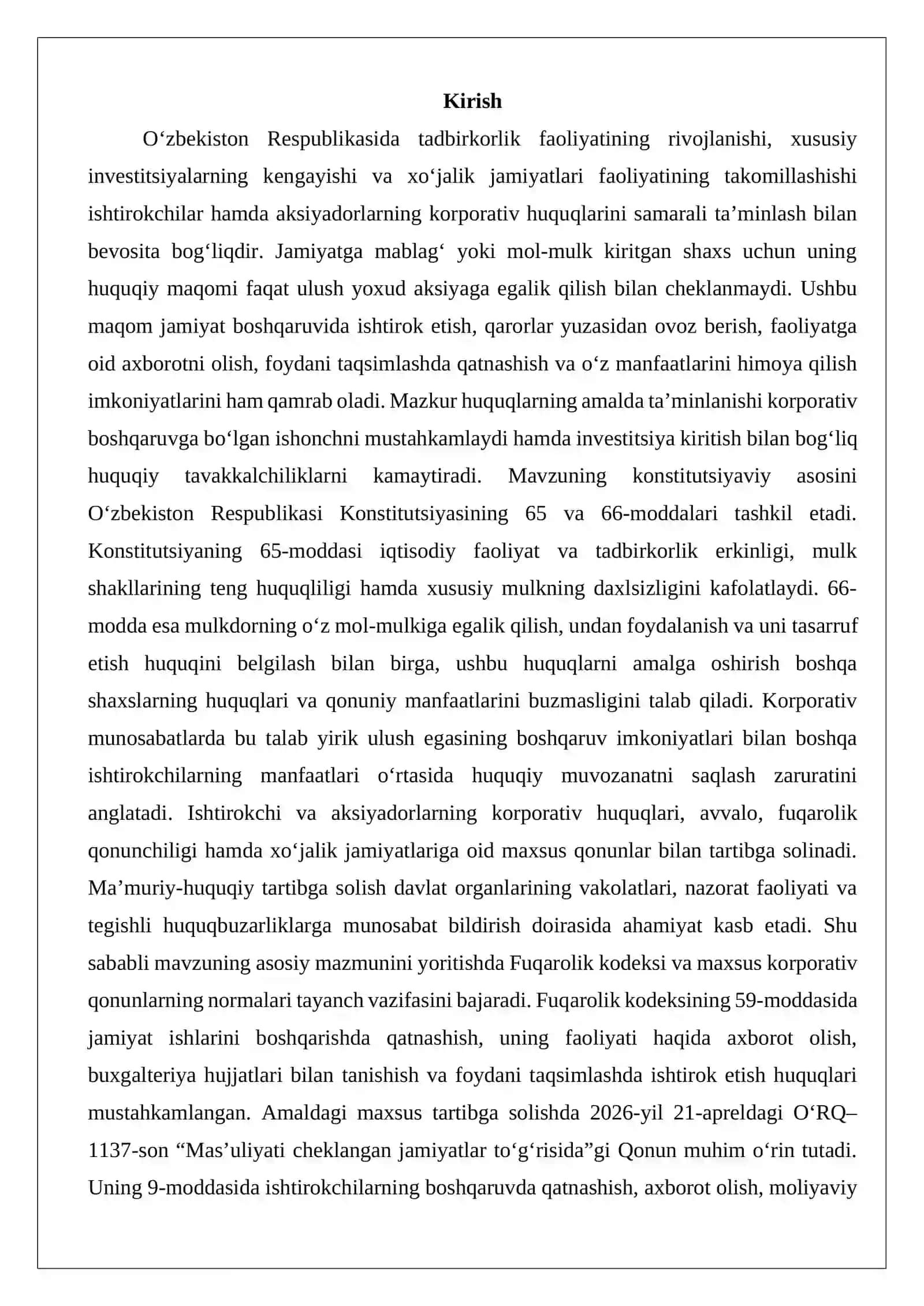 Ishtirokchi va aksiyadorlarning korporativ huquqlari ovoz berish, axborot olish, daromad olish va ozchilik ishtirokchilar manfaatlari..docx 2