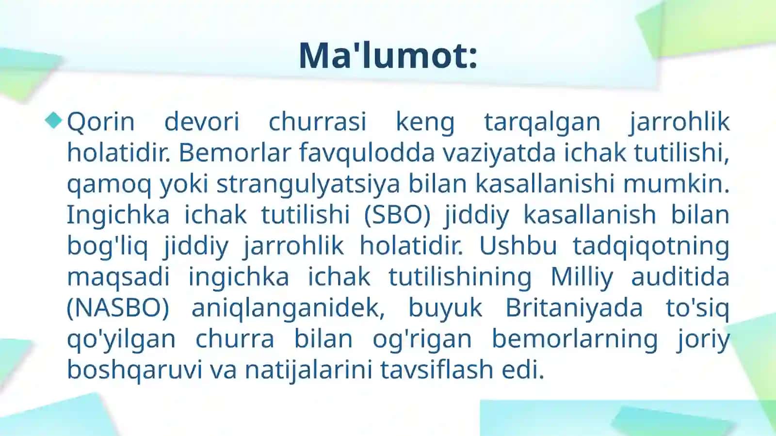 Qorindevorichurrasining to'siqlarining natijalari 2