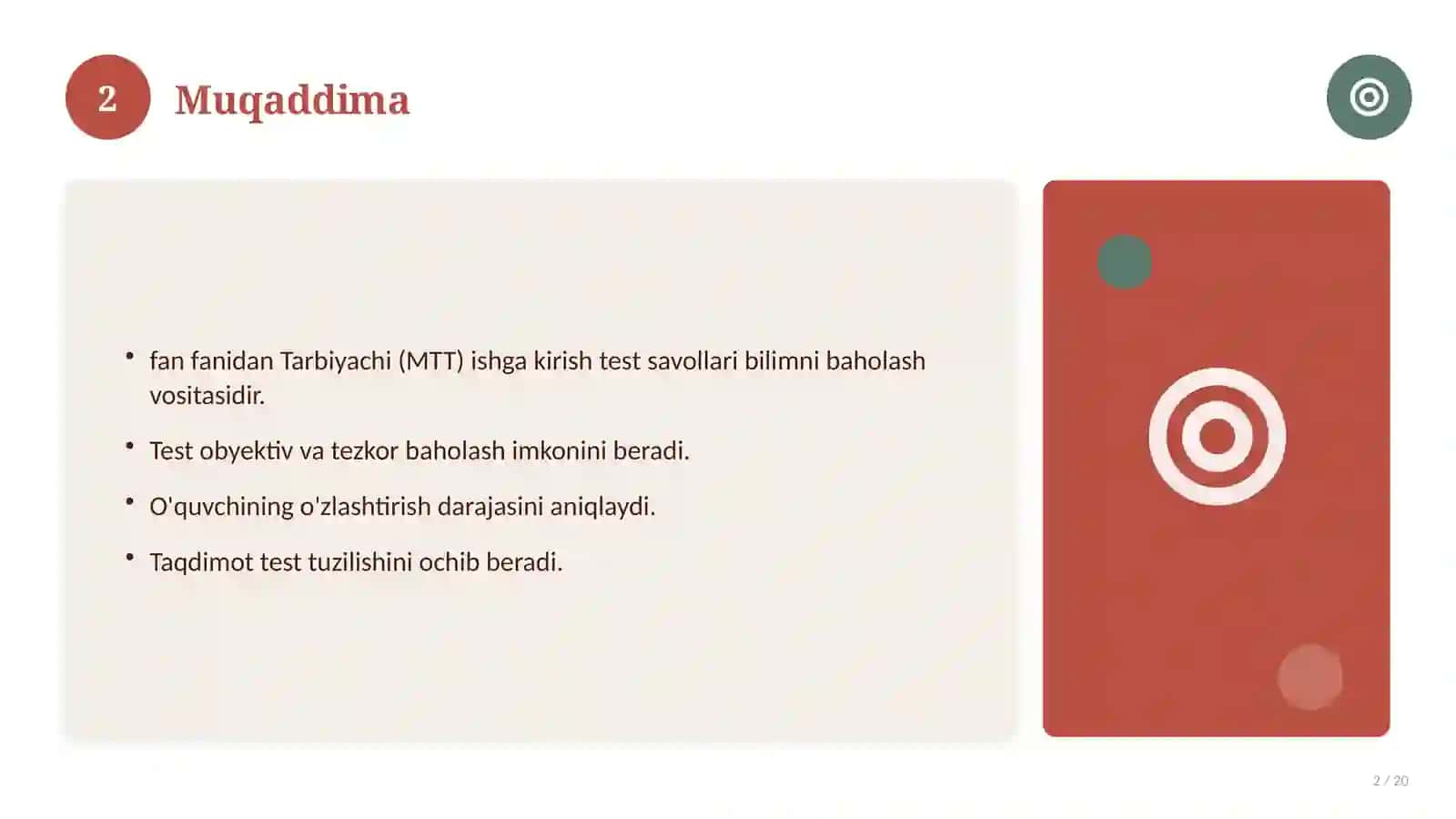 Tarbiyachi (MTT) ishga kirish test savollari 2
