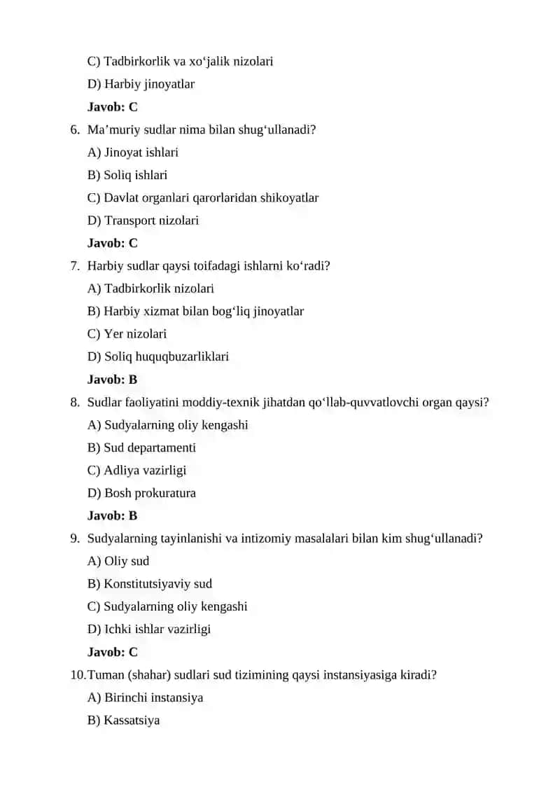 O‘ZBEKISTON RESPUBLIKASIDA SUD TIZIMINI TUZILISHI Test savollari (javoblari bilan) 2