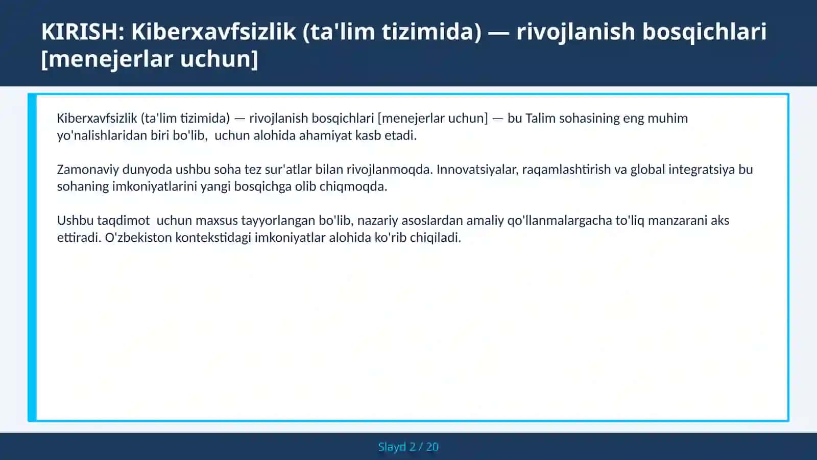 KIBERXAVFSIZLIK (TA'LIM TIZIMIDA) — RIVOJLANISH BOSQICHLARI [MENEJERLAR UCHUN] 2