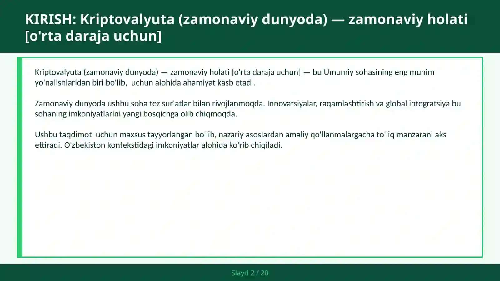 Kriptovalyuta (zamonaviy dunyoda) — zamonaviy holati [o'rta daraja uchun] 2