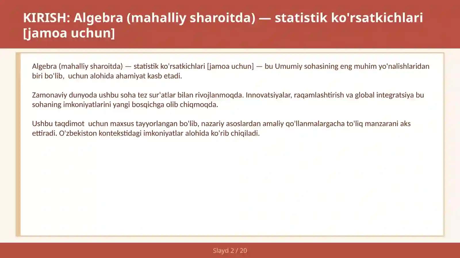 ALGEBRA (MAHALLIY SHAROITDA) — STATISTIK KO'RSATKICHLARI [JAMOA UCHUN] 2