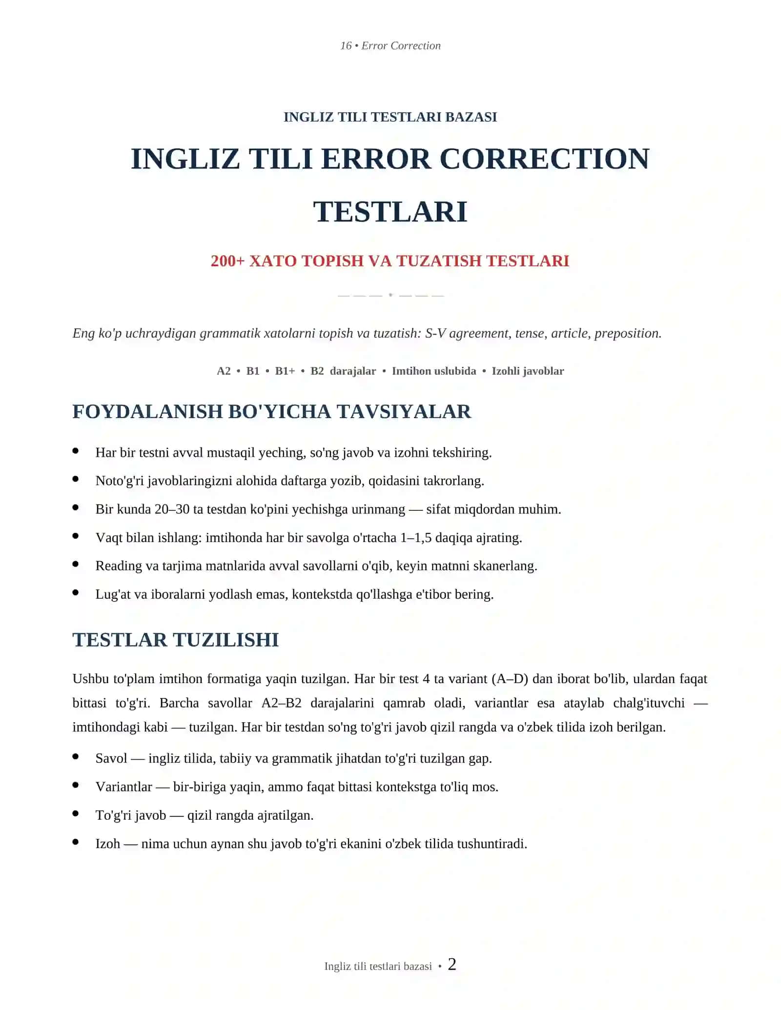 INGLIZ TILI ERROR CORRECTION TESTLARI 2