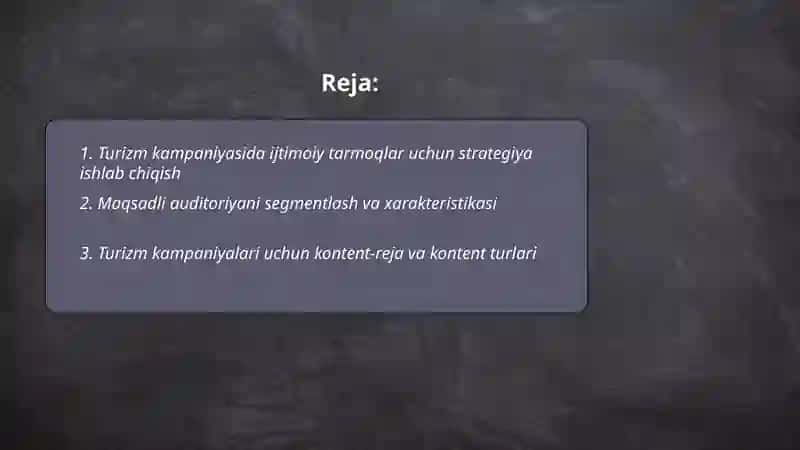Turizm kampaniyasining ijtimoiy tarmoqlardagi marketing faoliyatini oʻrganish 2