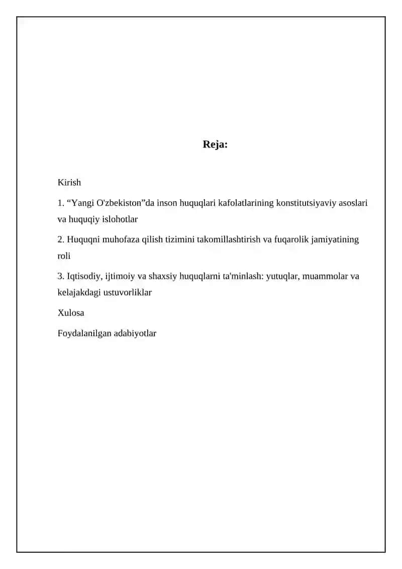 Yangi O'zbekistonda inson haq huquqlari va erkinliklari kafolati yaratilishi 2