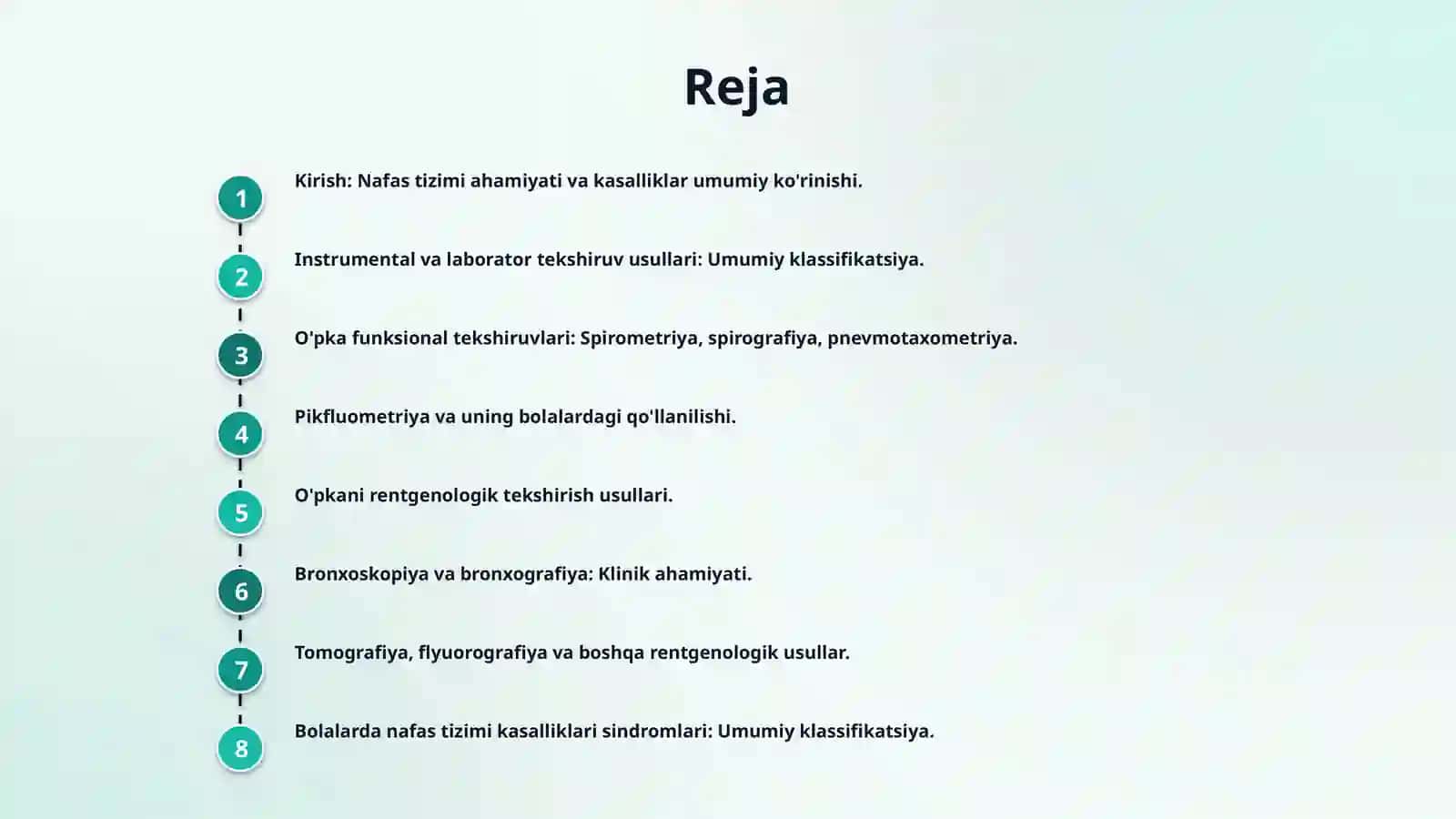 Bolalarda nafas tizimini instumental va laborator tekshiruv usullari. O'pkani funksional va instrumental tekshirish usullari: spirometriya, spirografiya, pnevmotaxometriya, pikfluometriya. O'pkani rentgenologik tekshirish. Bronxoskopiya, bronxografiya, tomografiya, flyuorografiya. Bolalarda nafas tizimi kasalliklarini semiotikasi va sindromlari: yuqori nafas yo'llari zararlanish sindromi, krup sindromi, bronxial obstruksiya sindromi, o'pka to'qimasining infiltratsiya sindromi, atelektaz sindromi 2