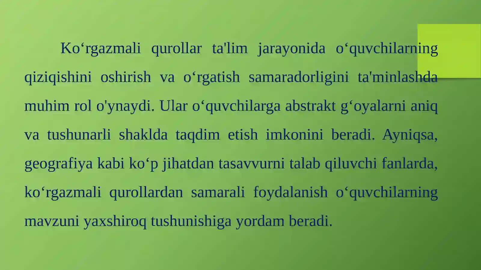 Koʻrgazmaliqurollarularning turlari va geografiya darslarida ulardan foydalanish metodikasi 2
