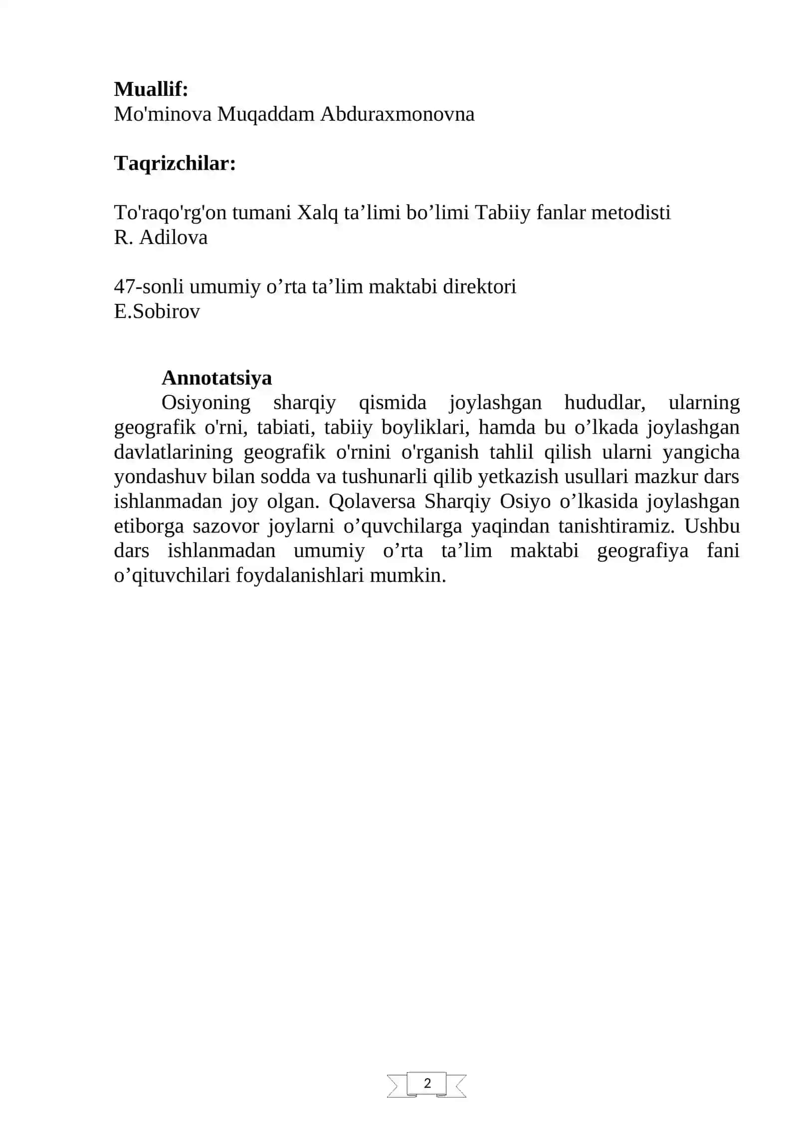 6-sinf Geografiya fanidan Sharqiy Osiyo mavzusida bir soatlik ochiq dars ishlanma 2