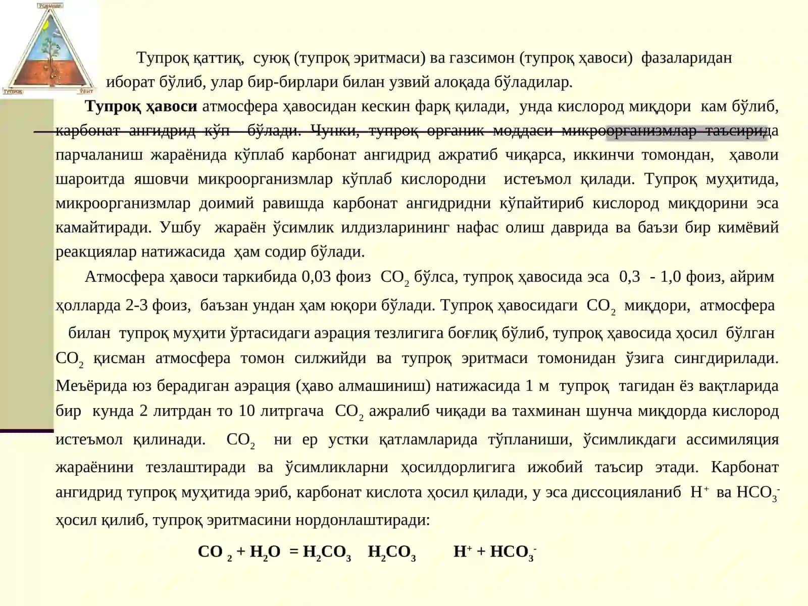 Ўсимликлар озиқланишида тупроқ таркибининг аҳмамияти ва озиқ элементларни ўтишида ташқи муҳитни таъсири. Тупроқнинг сингдириш қобиляти 2