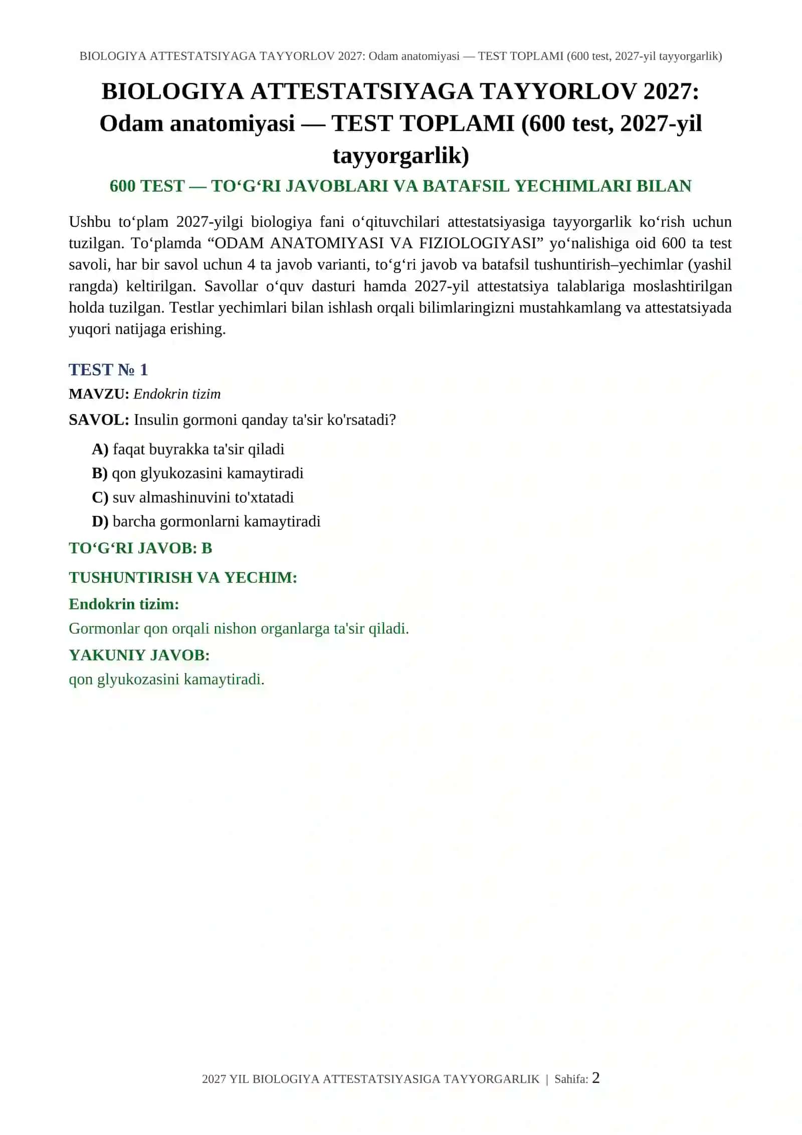 BIOLOGIYA ATTESTATSIYAGA TAYYORLOV 2027: Odam anatomiyasi — TEST TOPLAMI (600 test, 2027-yil tayyorgarlik) 2