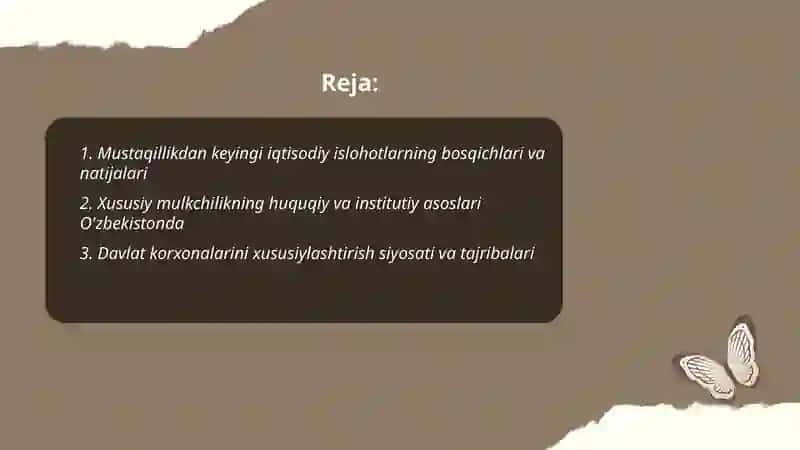 Iqtisodiy islohotlar, xususiy mulkchilikning shakllanishi. Ózbekistonda bozor munosabatlarining rivojlanishi 2