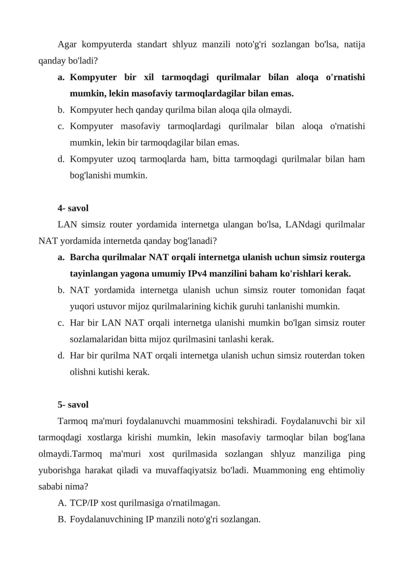 Tarmoqlar orasidagi aloqa nazorat nuqtasi imtihoni 2