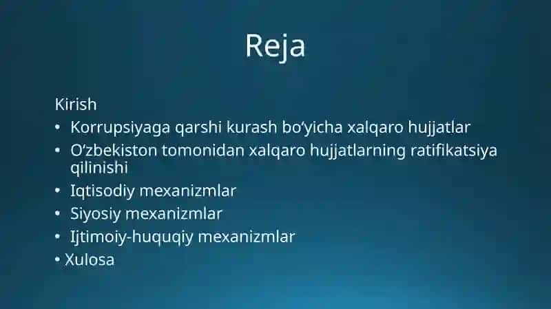 Korrupsiyaga qarshi kurash bo‘yicha xalqaro qonunlar va qarorlarning O‘zbekistonda ratifikatsiya qilinishining ahamiyati, iqtisodiy-siyosiy va ijtimoiy huquqiy mexanizmlari 2