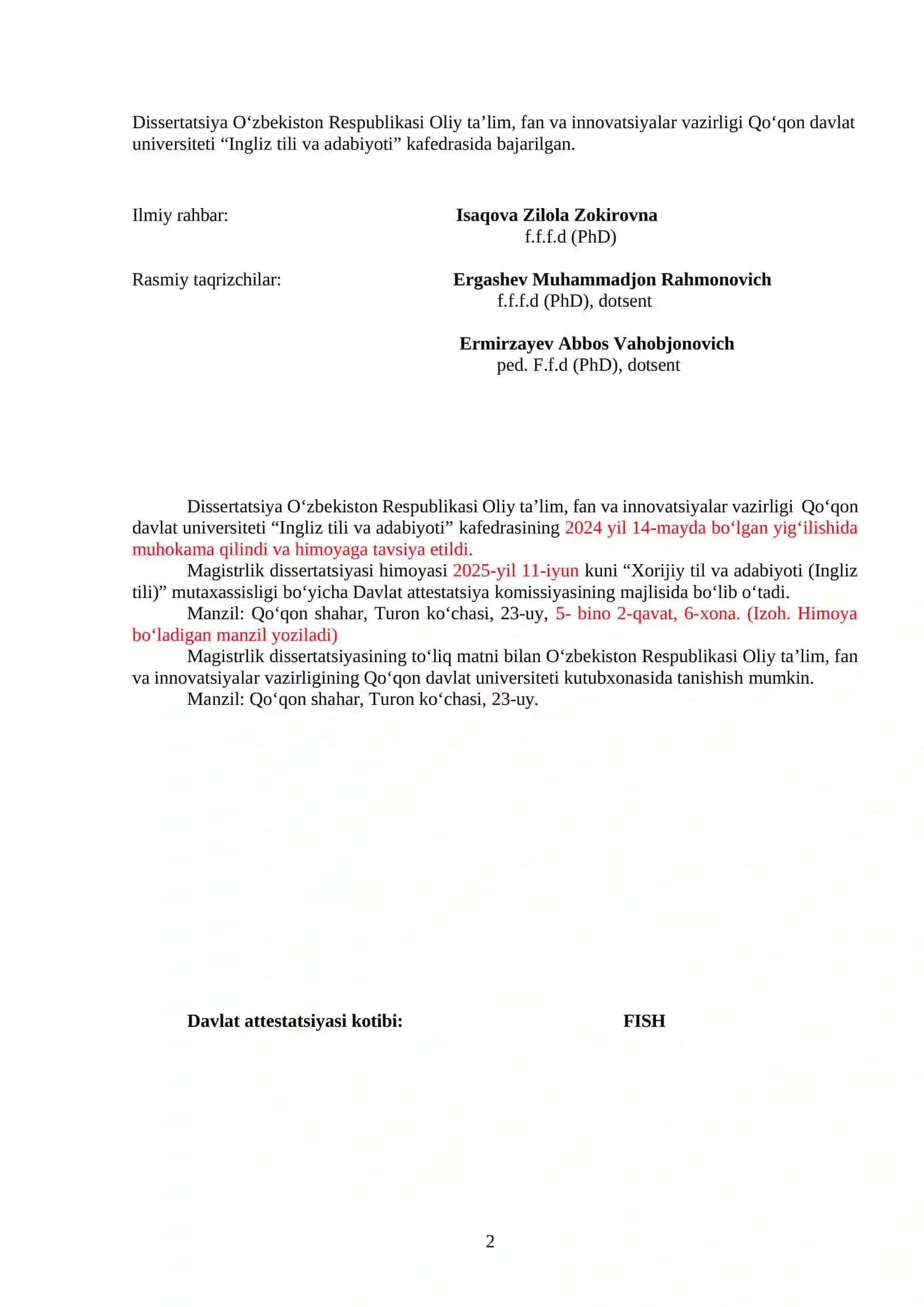 Magistrlik dissertatsiya avtoreferati 2