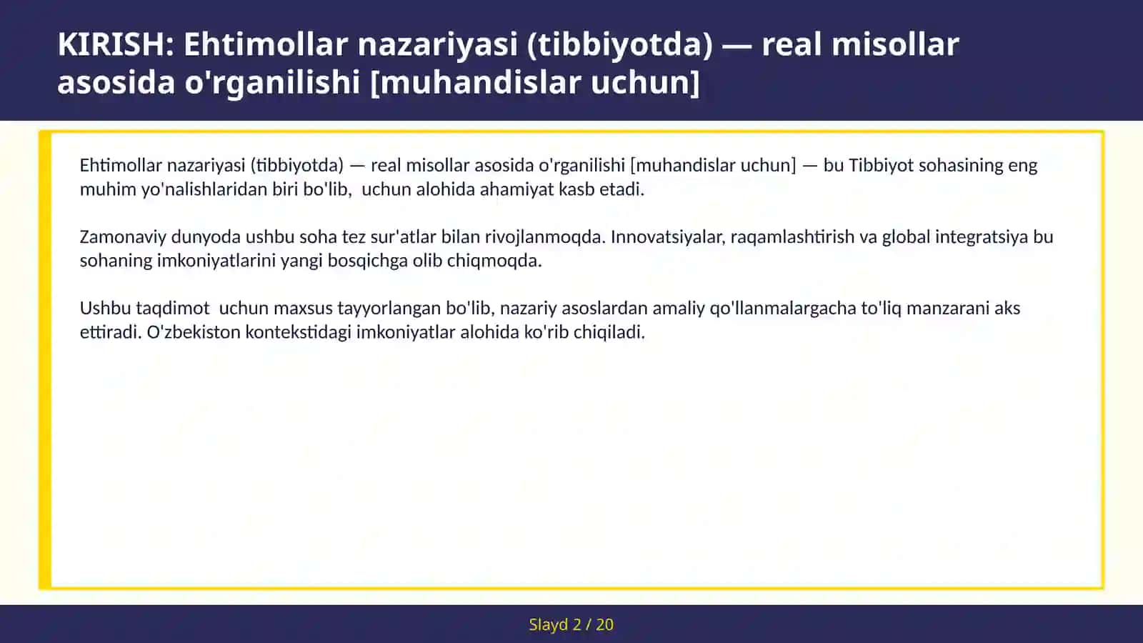 Ehtimollar nazariyasi (tibbiyotda) — real misollar asosida o'rganilishi [muhandislar uchun] 2