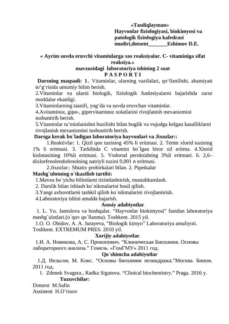 HAYVONLAR BIOKIMYOSI FANINING ISHCHI O‘QUV DASTURI (SILLABUSI) 2
