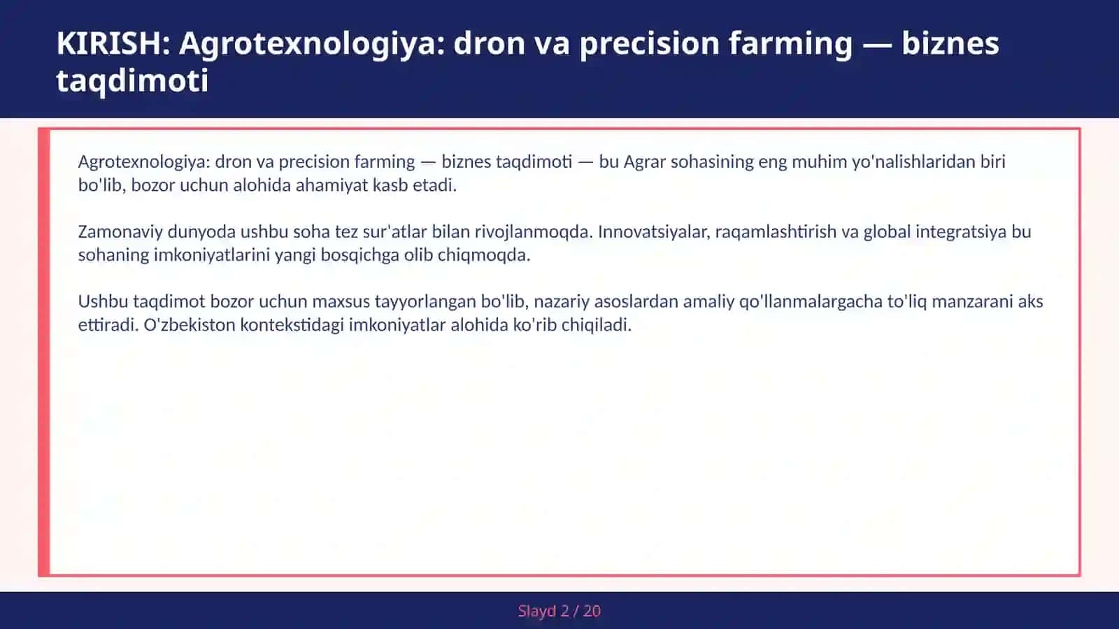 Agrotexnologiya: dron va precision farming — biznes taqdimoti 2