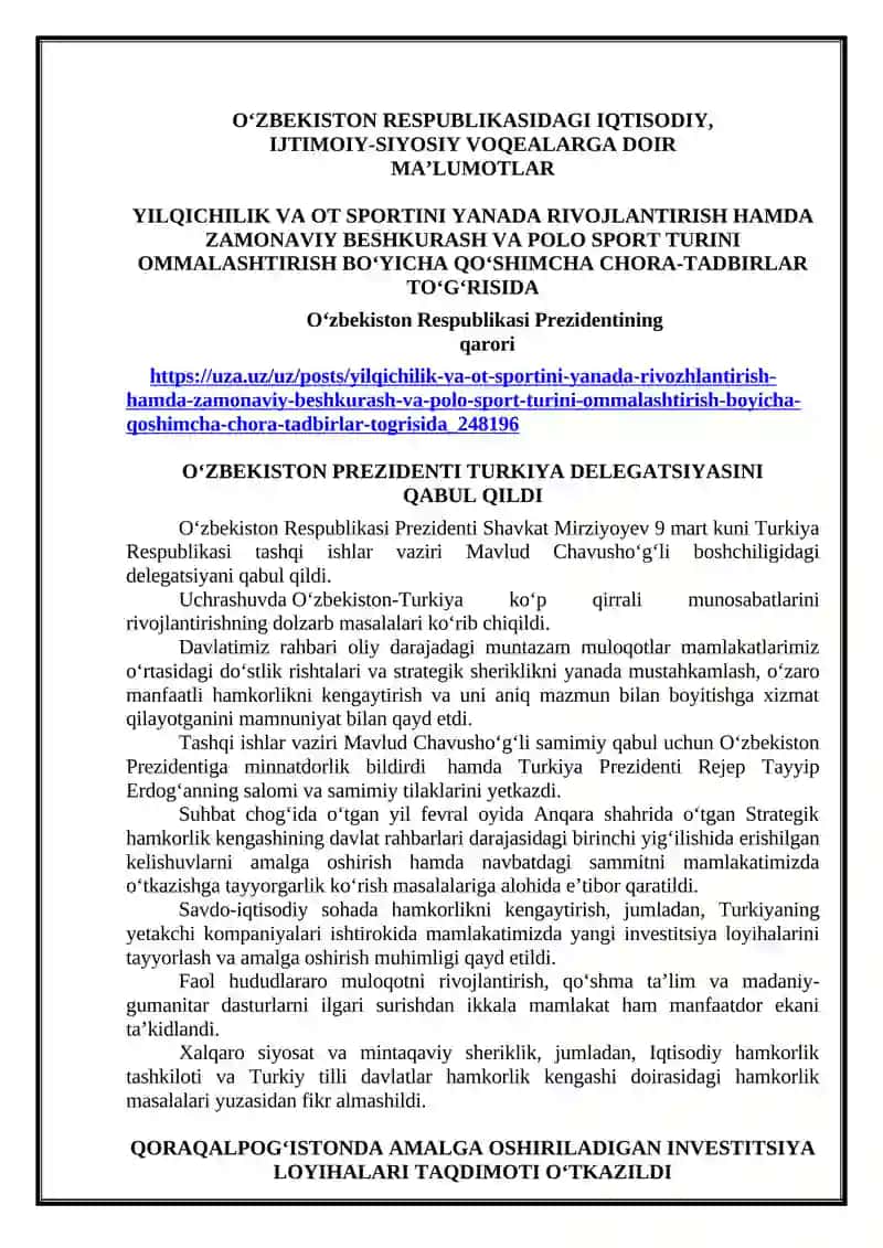 YILQICHILIK VA OT SPORTINI YANADA RIVOJLANTIRISH HAMDA ZAMONAVIY BESHKURASH VA POLO SPORT TURINI OMMALASHTIRISH BO‘YICHA QO‘SHIMCHA CHORA-TADBIRLAR TO‘G‘RISIDA 2