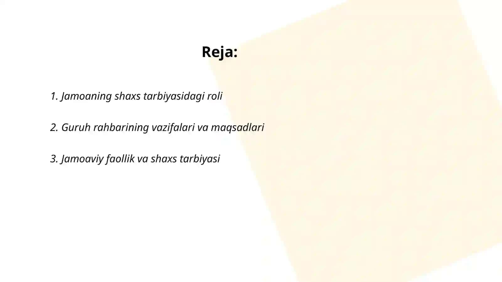Jamoaning shaxs tarbiyasiga taʼsiri. Guruh rahbarining tarbiyaviy ishi Sayfiddinova Barchinoy 2