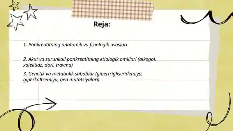 Pankreatitlar. Etiopatogenezi. Tasnifi. Klinik belgilari. Tashxisot mezonlari. differentsial diagnostikasi, davosi va profilaktikasi. 2